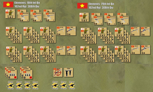 Two BATTALIONS of Viet Minh (18th and 79th, of the 102nd Regiment / 308th Division).  Presented at 2/3 strength since a previous assault by these units was already repulsed earlier that night.