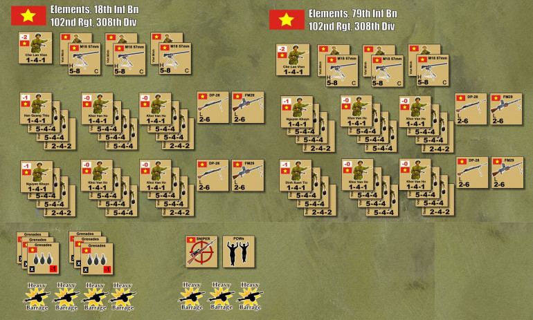 Two BATTALIONS of Viet Minh (18th and 79th, of the 102nd Regiment / 308th Division).  Presented at 2/3 strength since a previous assault by these units was already repulsed earlier that night.