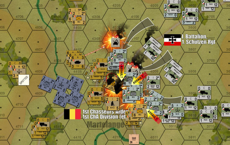 First, the butchery in the center.  Where German panzers have failed, Stukas and infantry (converging from two directions and bolstered by “pionier” engineers) have smashed the Belgian antitank battery, antiaircraft battery, HMGs, and two platoons of infantry. Fire from German 8.0 cm “grenatenwerfer” mortars and 7.5cm infantry guns have also helped.  Some 200 troops are killed, wounded, or captured here, along with 12 guns.  But still the Belgians cling to the center of town, pinning down one platoon of German infantry, their T-13 tank destroyers wrecking a handful of PzKpfw Is, and their Headquarters “CP” stubbornly refusing to die.