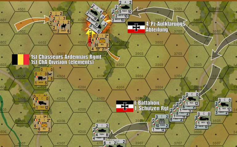 Action starts off right away as @elessar2590 hooks a platoon of Belgian rifles and a section of Maxim HMGs back through the woods in the north and “close assaults” some of my light armor trying to squeeze around the extreme Belgian left.  Please remember this is the Ardennes and these cuts through dense treelines are very narrow.  Normally in Panzer Leader all you have to do to avoid this is maintain a distance from treelines of at least 1 hex (150 meters).  But that wasn’t possible here.  Also, those German light tanks and armored cars were able to fire as the Belgians charged, I just whiffed the roll with a “6” on opportunity fire.  So I guess these German panzer recon troops  were still half asleep from their drive through Luxembourg.  Also, note how Elessar2590 hooked back in such away so his advanced was screened from the follow-up stack of German light armor, so they couldn’t provide additional fire support against the charge.
