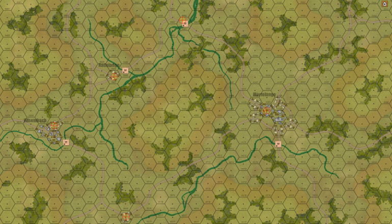 Here is the Panzer Leader map I have drawn up for our first game.  We're looking at 150 meter hexes.  The town of Martelange marks the border between Luxembourg (east) and Belgium (west).  Belgian forces will be allowed up, then the Germans will enter from the east end of the table.  Objective hexes (marked in yellow) must all be taken by the Germans. 