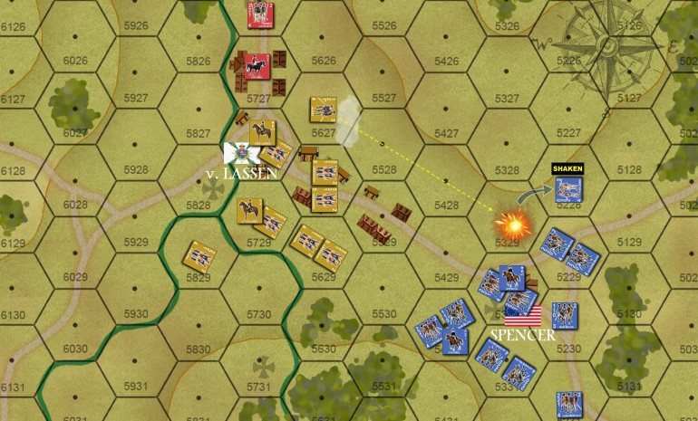 Shots fired!  As the brigades close, my jaegers get the drop on an approaching column of Pennsylvania rifles.  At long range (only riflemen and jaegers can engage at this distance), I manage to scare them off a little.