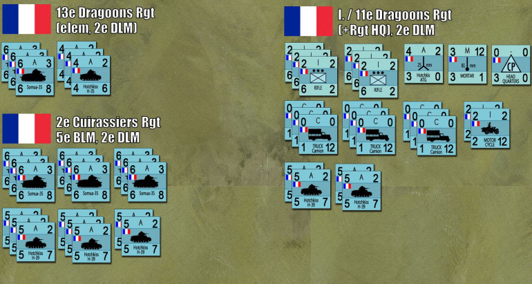 Close look at some of the French Armor.  In short, we have two-three companies of the 13th Dragoons (here is where I was a little generous with the French).  Then the 2nd Cuirassiers Regiment (four battalions, two of Somua-35s and two of Hotchkiss-39s).  First Battalion of the 11th Motorized Dragoons will be deployed forward in holding positions in Thisnes and Crehen, while the armor and motorized artillery (76th Rgt) comes in from the west.