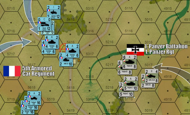 In the far south, my panzer element that outflanked the Belgian right has also run into some terrain problems, delaying them just enough to where they French have narrowly won the race to this village crossroads objective hex.  Looks like a little tank skirmish is in the making here? 