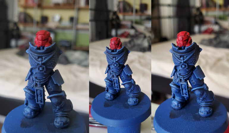 Next, the red details. These were also applied to the shoulder trims (I'm painting 3rd Coy.) and were started with a nice solid basecoat of Mephiston Red. This was followed by a recess shade of Agrax Earthshade (mainly to save paint) and then edge highlighted with Evil Sun's Scarlet.