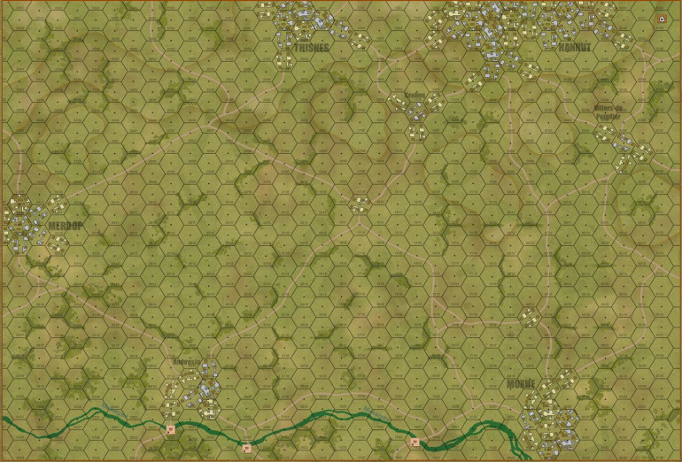 The overall map, showing the corridor running east to west between the southern outskirts of Hannut and the Mehaigne river.  Hexes are 200 meters.  