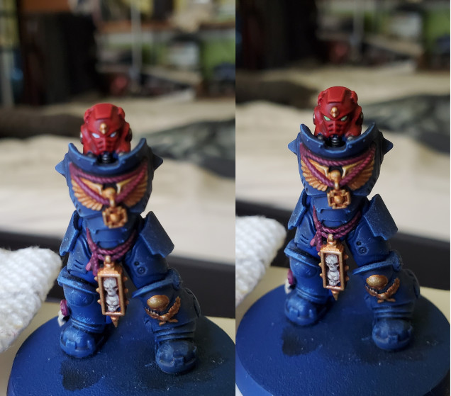 The eyes really bring out a mini, as we all know, but can often by a pain to do. This is a trick I learned a while ago for Marine eye lenses. Simply paint a line as best you can in the eye with white, then add a glaze colour over the top of it. Add some extra coats once it's dry if you want a more vibrant colour. Here I used Waywatcher Green for my Sergeant, but the regular Marines were given a coat of Bloodletter.