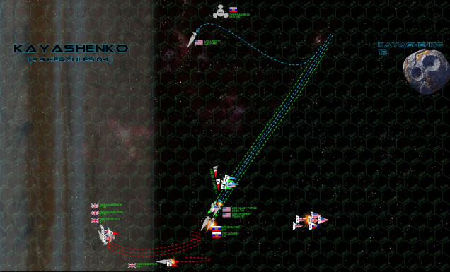 And here it is, the movement phase that doomed the Americans in the Third Hercules War and damned near KILLED two of the game’s most famous ships.  The British have moved first (lost initiative), jack-knifing back and ducking back into the clouds of Kayashenko.  The decision is a chancy one, braving the gravity and lightning to keep the range open on the Coalition warships and hit them with a broadside as they race forward.  Although previously decelerating, the Russians and Americans now RE-accelerate, hoping to close the range with the British as soon as humanly possible.  Their speed, however, combined with Kayashenko’s merciless gravity, leave them only one option for a starboard turn if they want to stay in the battle.  The destroyer Sykerya doesn’t have to worry about that choice.  Already damaged by the British forward batteries last turn, she is smashed open so hard by the second volley (now a complete broadside) that she loses power and careens off the table anyway, crippled and out of control.  The Lazarev, Oriskany, and Valley Forge, meanwhile, are in desperate trouble already ... even if they don’t already know it.  At least the British aerospace strike largely fails, a single Supermarine Starfire’s missile hits USS Oriskany astern ... but that’s a hit that will be telling later. Meanwhile, all forward Russian and American guns tear into the carrier HMS Valiant, inflicting such damage that Cavendish elects to order her out of the battle area.  Note where USS Liberty is, near the top of the pic.  THAT’S where the Russians and Americans should have ALL gone, weathering one more British broadside at longer range against their enhanced shielding, all while hammering the British with their far stronger aerospace strike coming up ...