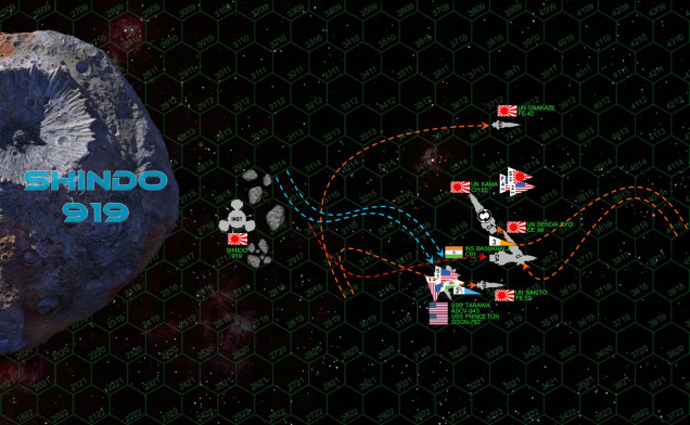 Turn three, and the Skirmish at Shindo 919 turns into a brawling dogfight.  Kama rumbles up, rolling on her back to protect her ravaged port bow.  The Basukhalji sees the move coming, and cuts point-blank for a broadside across her stern.  Unfortunately, the swift Sendai Byo likewise cuts for a broadside right into the Basukhalji’s damaged port bow (in the same hex, less than 100 kilometers away).  Kama’s forward guns hammer the USS Tarawa, which has just landed Marine bombers to rearm for a second strike.  Kama’s aft guns tear into Basukhalji’s port quarter.  Basukhalji’s broadside erupts into Kama’s stern, detonating at least one engine and forcing the engineer to power down portside reactors, but with starboard reactors she manages to maintain power.  Unfortunately for the Basukhalji, the Sendai Byo puts her own broadside into Basukhalji’s port bow, previously mauled from broadside exchanges with the Kama.  A slash of x-ray laser carves through the bridge, crippling this ship as well.  The Princeton finally manages to cripple the Sakito, while the Marines of VMF/A-319 mount a gunnery strafing attack that soon has the strike frigate Urakaze in trouble as well.