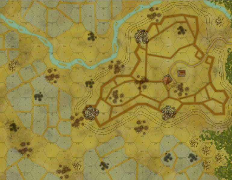 The map for our game today.  Hexes are 15 meters (6 inches at 15mm, a little under one foot at 28mm).  Trenches, wrecked bunkers, ride paddies, barbed wire, and some woods to the east.  