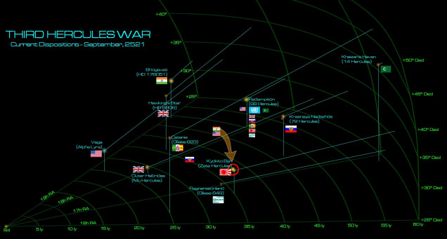 This map is actually a little off, what SHOULD be portrayed is an Indo-American strike zooming out of Port Halsey in the Alpha Lyra (Vega) system.  Note how it has to pass RIGHT BY the British at Outer Hebrides (Mu Hercules).  Yes, “right by” is a relative term here, remember the SCALE of this map. But superluminal gravimetric (Darkstar) waves of a passing heavy cruiser are enough to set off sensors, and the British can get a fast courier ship to Zeta Hercules with the warning BEFORE the Indians and Americans arrive. 