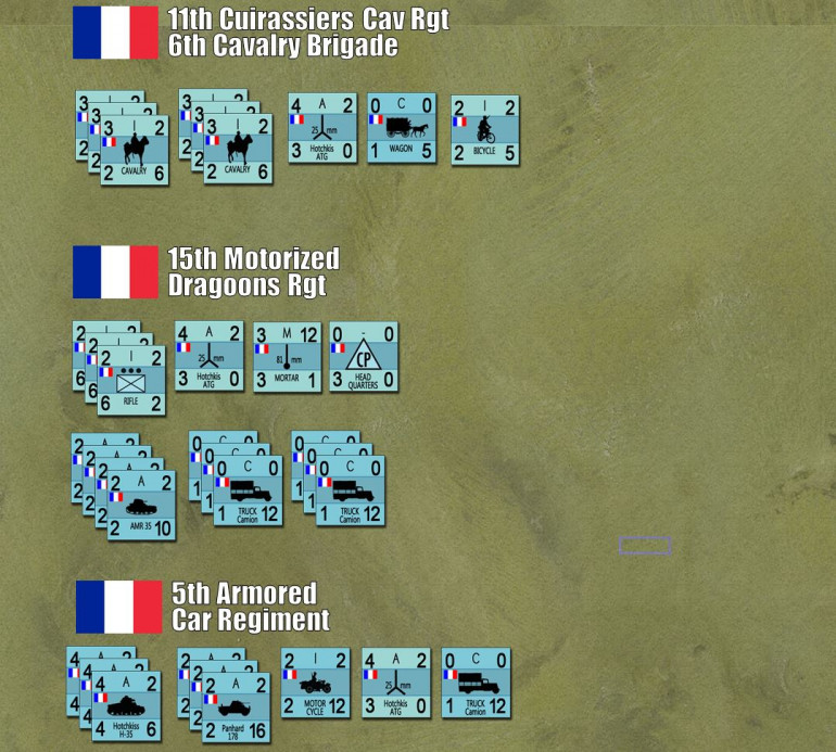 French reinforcements, drawn from 5e Division Légère de Cavalerie, or DLC (light cavalry division).  Again, historically these forces didn't close with the Germans until day 2 or 3 of the offensive.  We're taking a little historical liberty to get a third faction on the table and give the Allied player SOME maneuver force for a tank battle.