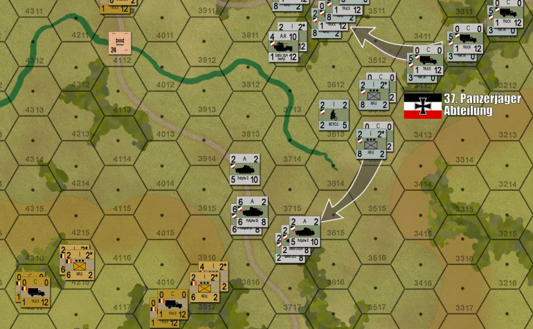 Here's another thrust the Germans have going to the south, hoping to flank the main Belgian position and get at some of the objective hexes along the Allied backfield before the French arrive in too much strength.  Panzers are stacked with armored cars on purpose, for extra defensive strength and fire support JUST in case the Belgians decide to get bold and charge off that hill in a close assault against thin-skinned German recon units.
