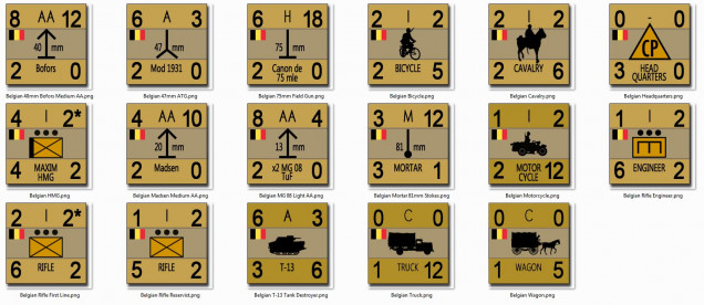 The Belgian counters made up for this game.  Obviously some counters will be duplicated many times for multiple units on the actual table.  The overall unit will be a battalion of the 1st Chasseurs Ardennais Regiment, 1st Chasseurs Ardennais Division, 