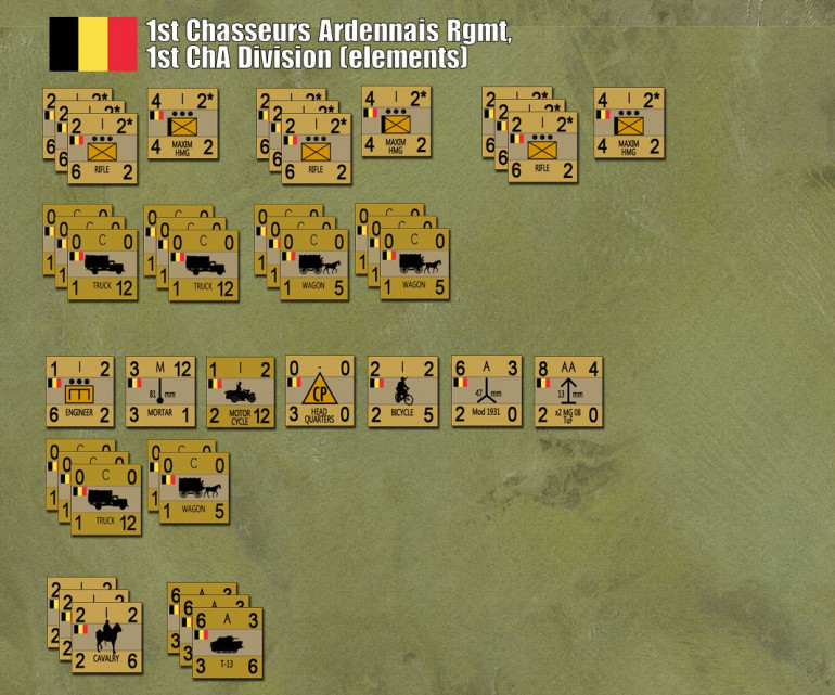 Belgian screening forces in this battle - forward elements of 1st Chasseurs Ardennais Division, deployed along the Bastogne-Neufacheteau-Martelange triangle.