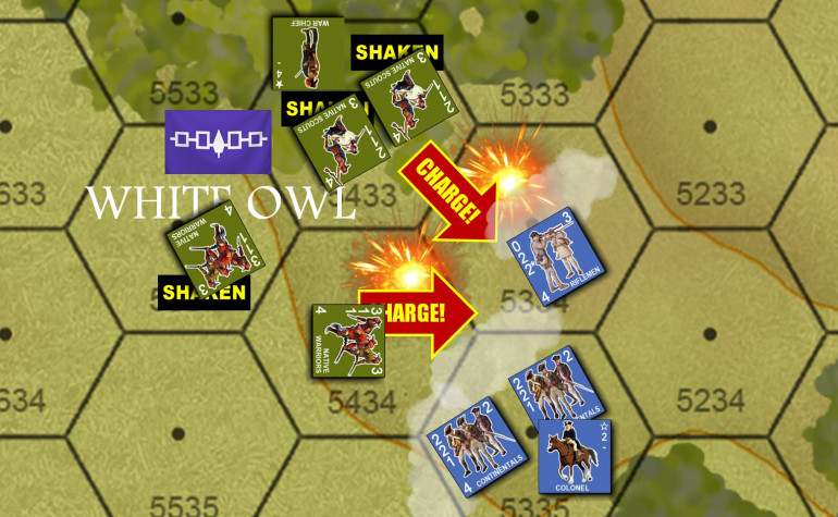 The battle starts in earnest not between the opposing main bodies, but in the south.  Here I launch a screaming charge out of the woods with nearly all my Mohawk Iroquois (not all of them can quite reach the Patriots).  However, Elessar2590 carefully portions out his interruption fire as I charge in, foregoing the possibly of KILLING any units for simply breaking up the charge and saving his extremely vulnerable riflemen.  It’s a smart but risky decision that pays off.  None of my war bands are KILLED or even seriously damaged, but the charge never really happens.  Luck turns against me, though, as White Owl himself catches a stray bullet and is wounded.