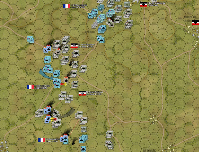 Part of the situation at the end of Turn 3.  Air strikes!  Overruns!  COUNTER-overruns!  God, how I love early-war Panzer Leader!  You could never get away with these kinds of maneuvers in 1944 ... 