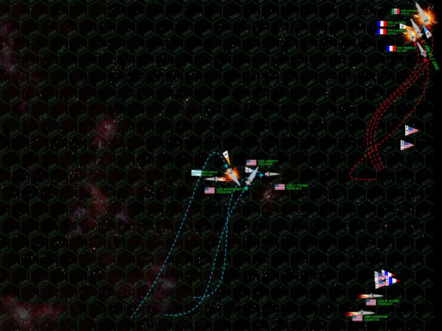 Seconds after the NRS Nicaea’s broadside tears open the port quarter of the light cruiser USS Northampton, the American aerospace and torpedo strike hits the stern of the Roman flagship in turn, not only detonating the ship’s engines and crippling her reactors, but almost blowing the ship up outright.  American guns shift fire to the escorting destroyer NRS Corsica (Captain Daphne St. Croix), while the USS Liberty set up for another torpedo spread while also getting close enough to recover her bombers for a possible second strike.  The Northampton pivots to present her first proper broadside of the engagement, but already she’s badly hammered by the Nicaea’s previous gunnery.