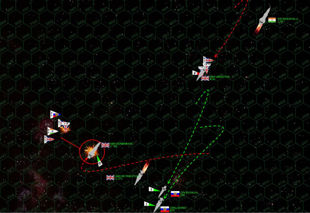 The raid on Sigma Rajdana has been brutally reduced to just four ships, and the largest of them, HMS Agamemnon, is in real trouble.  Although she manages to pull a flaming starboard turn away from the planet and present a broadside to the Russians, she frankly doesn’t have a broadside left.  ALL aft guns have been blown clean out of their mounts, leaving only forward EPCs and lasers to fend off these Russian wolves hounding the wounded British bear.  It’s not nearly enough, the destroyer Rusalka taking moderate damage as the Rusalka and especially Admiral Lazarev hit the Agamemnon again.  This time, the engineers and damage control teams have no miracles left, the Agamemnon is left crippled and adrift . . . but at least she’s in a safe orbital trajectory.  Meanwhile, the HMS Vindictive lands her fighters to rearm for another missile strike, her bombers close behind. 