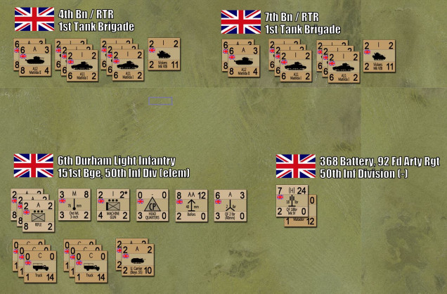 British forces for the game, including what the 1st Armored Brigade (4th and 7th RTR) actually had that day.  We also have a small part of the 6th Durham Light Infantry (most of the battalion was engaged further east), and a battery of artillery that was supporting 6th DLI.