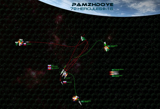 Heady with anticipated victory, the Russians dive toward the League, the two surviving destroyers Jeddah and Kashan scattering port and starboard.  Empty League “Demkikham” (Vengeance) bombers, with no carrier on which to land, try to strafe the fleeting corvette K-271, but are instead beset by a pack of Russian MiG-103s and largely destroyed.  A second (MUCH smaller) Russian torpedo strike goes for the Kashan, who somehow survives the onslaught, while half the Russian MiGs go to strafe the unshielded stern of the Jeddah.  But the Jeddah survives as well, and for MiGs are shot down.  League torpedoes, lasers. And EPCs continue to hammer the Dokhturov, which is now hobbled with lost maneuvering thrusters, two engines gone, and half-blind with multiple sensor suites knocked out.  