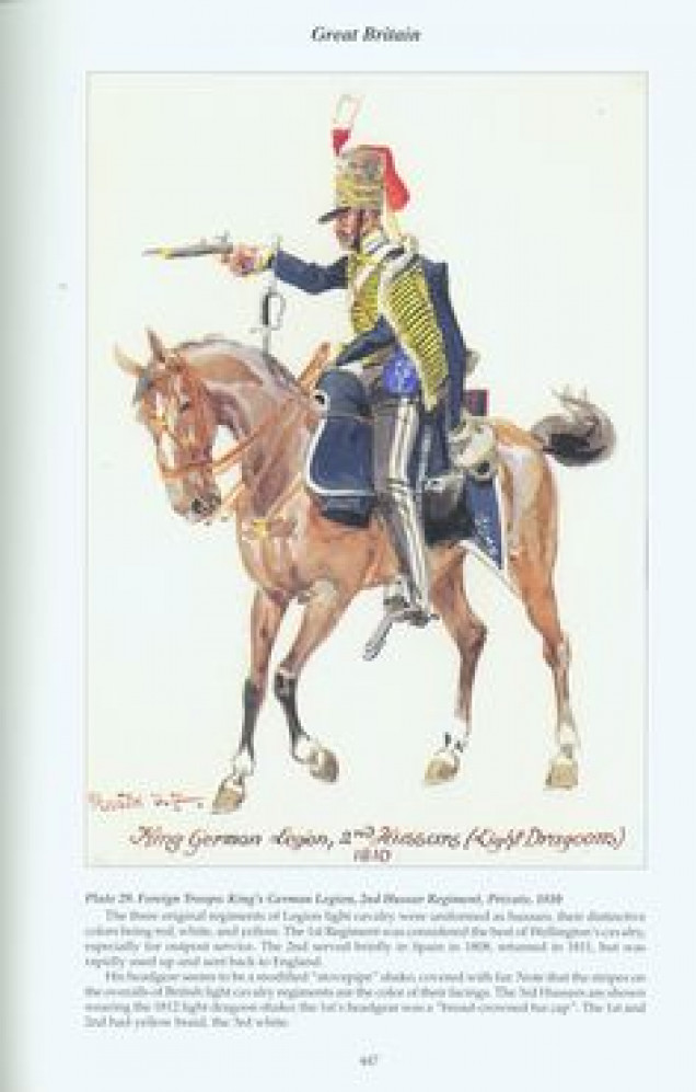 So this picture is almost certainly going to be too small and/or blurry, but it does actually show an officer of the KGL 2nd Hussars, though also calls him a Light Dragoon...which isn't actually correct. But it does show the colours of the cloth and is corroborated by other written sources.