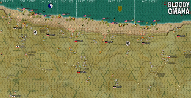 H-Hour +10 minutes. 27 American platoons have been destroyed (marked by black smoke columns) across five miles of assault beach. So that's over 900 men killed, wounded, or hopelessly scattered.