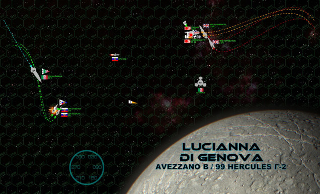 As the Leo Magnus continues to keep the intruders in her broadside,  hammering the Sendai Byo again.  The Japanese accelerate and dive right toward the Roman behemoth, somewhat leaving the British behind a bit.  But the Japanese are trying to set up an eventual angle behind the Leo Magnus, and also present heavily-fortified bows to those terrifying guns.  The Sendai reels again, yet still remains in the fight, although a fresh forward facing of shielding and armor is now reduced to a twisted, flaming ruin.  The Russian destroyers hedge ahead of the Leo Magnus, pivoting to port to keep torpedo tubes facing the enemy.  The British execute a shallow S-turn, keeping port broadsides to the enemy, now hammering on the destroyer Syekyra, still trying to chew down that enemy torpedo load.  Again they and the Japanese are successful, and the Russian destroyer’s bow, forward torpedo tubes, magazine, and finally bridge are smashed open, leaving the ship a crippled wreck.   