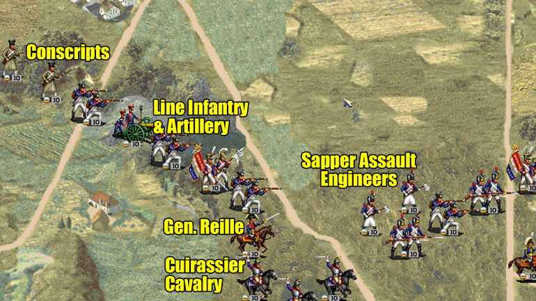 The French left, made up primarily of General Reille's Corps.  Heavier Cuirassier cavalry, and lots of conscripts.  Often its forgotten that much of Napoleon's army at Waterloo was recently-levied recruits in the army he was trying to rebuild.  I've added those badass 