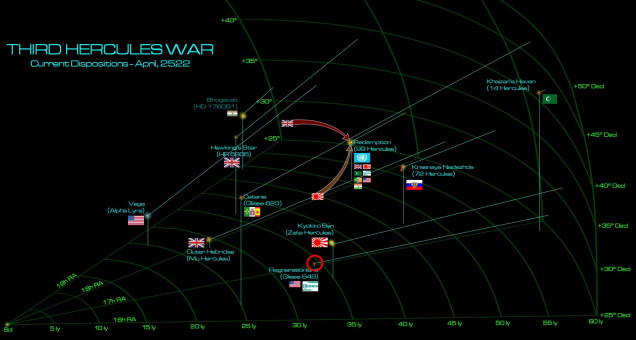 The general situation of the Third Hercules War at the end of April, 2522.  With a combined Anglo-Japanese smash into the New Roman holdings at the UN “Redemption” Mandate at 99 Hercules (specifically the planet Avezzano / 99 Hercules Gamma), the British hope to shut down the Coalition of Eagles for good in 99 Hercules, weaken the Russo-Roman wing of the Coalition of Eagles, and quell any flank or rear threats for the intended drive on Krasanaya Nadezda (“Red Hope”, 72 Hercules).  There’s just one problem.  After almost four months in a Darkstar wave, the Romans have managed to bring in a BATTLESHIP.