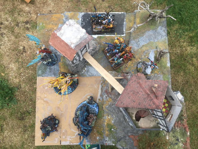 Arial view of display board with Jabberwocky tale models painted so far. Now the board can be worked on to bring it up to a standard I’m going to be happy with to potentially enter into Armies on Parade. 