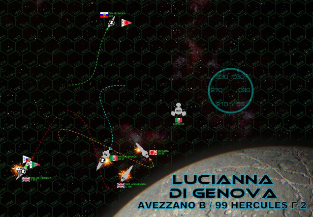 The Leo Magnus turns hard to starboard and again dives toward Lucianna de Genoa, hoping to keep her worst damage screened against the moon’s bulk.  Her captain, Read Admiral Giuseppe Maccia, hopes to at least for the British and Japanese to dive dangerously close to the moon to get at his starboard side.  It’s a dare that Lord Commodore Edward Cavendish and Captain Seizo Yamamoto are happy to accept, with perilous dives and jackknife turns that put broadsides right into Leo Magnus’ starboard broadside.  However, the Agamemnon is also fatally close to the battleship, literally at POINT BLANK range directly abeam her full broadside.  It’s a fire phase that Agamemnon does not survive, the mighty Trafalgar-class heavy cruiser finally blown wide open and left a burning, crippled, spiraling mass of flames.   Her chief engineer has to eject her reactors before they detonate, setting off a blinding fusion explosion that puts a tiny, momentary new star in the 99 Hercules system.  The Retribution can’t quite join the main broadside, her maneuvering thrusters largely crippled and harried by Russian scouts and torpedoes.  All British scouts are shot down by the Leo Magnus as they try to fend off these Russian torpedoes, just one more indication of how desperate this battle is becoming.  However, all is not in vain.  Although she is STILL not crippled, the Leo Magnus now has holes blown deep through her midships superstructure, including medical bays, life support systems, troops bays, both starboard mass drivers, and forward hangar.  Three of her sensor suites are also gone, leaving her half-blind as well.  At last Rear-Admiral Maccia makes the call.  It’s time to break off. 