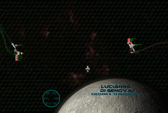 The two fleets meet at the second moon of the Avezzano planet (99 Hercules Gamma-2), roughly the size of the planet Mercury, named Lucianna di Genoa for a duchess of terrestrial Italy.  Although gigantic, the Leo Magnus is surprisingly fast for a ship her size, her guns pin-point accurate and heavily upgraded in hitting power and range.  In short, a single hit from her 21-teravolt EPCs and 90 eHz syglex emitters can cleave clean through the armor of a light cruiser, even at a range of over 9500 kilometers (the distance between London and Capetown, a fact she quickly brings home to the hapless light cruiser Sendai Byo.  Even here, at the comfortable “medium” range of 5000+ km, she carves open Sendai Byo’s port bow like a Christmas turkey, instantly hitting magazines, burning mass driver turrets out of the hull, smashing open torpedo bays, crippling sensor suites and incinerating maneuvering thrusters.  It’s frankly pure luck that spares Sendai Byo’s bridge, otherwise the 83,000 ton cruiser would be smacked out of the battle in the opening salvo.  The British and Japanese respond, aiming guns at the little K-98.  At this range the 15,000-ton corvette is almost impossible to hit, but these British and Japanese crews are expert shots, and K-98 is crippled.  It seems like a small victory, but the K-98 has twelve P-500 torpedo tubes, double-upgraded with the most advanced electronic warfare suites anywhere in the Holy Russian Empire.  With that battleship to deal with, the last thing these cruisers need to worry about is swarms of Russian torpedoes, too.  