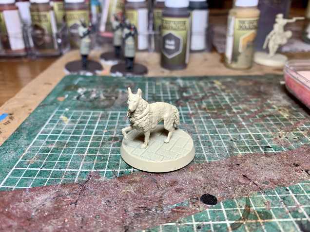 Now to speed paint some Alsatians! Using a skeleton bone as a primer I’m looking to make this as quick as possible. Using a larger brush I’m looking to layer over brown and then black whilst stippling around the edges.