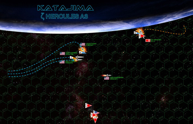 As the Daggerfish spirals burning across the Katajima sky, the rest “Battlegroup Cowpens” presses the attack.  For a moment there is hope, the remaining American torpedoes streak toward the Takakawa, which only knocks a few of them down with her mass drivers.  Japanese Ki-202 