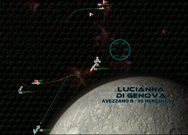 Here’s the thing.  Darkstar “assault score” games end on Turn 8 at the latest.  Ships that are forced to “break off” after taking a certain amount of “core damage” (internal, crew-heavy components and thus crew casualties) and then failing the corresponding percentile roll are must leave the table in good faith.  Basically, the ship has failed a “morale check.”  But such ships are still operational and can even use full weapons as they “cover their retreat.”  The formal break-off rules are as follows:  A ship that is breaking off must (a) not decelerate, and (b) MUST END their movement phase, if it is in any way legal or possible, at least one hex further from the closest enemy operational warship then they were when the ship starts its movement phase.  Now here’s the onion ... IF Leo Magnus technically remains on the table at the end of Turn 8, she counts for half victory points – so if she can legally remain on the table for two more turns, the Romans can probably pull off a draw or even a narrow victory.  For now, she was six hexes away from HMS Retribution at the start of her movement.  She must end her turn at least seven hexes away from the closest operational enemy ship.  The only way to pull this off is to accelerate by 2 to 7, which she reluctantly does (remember, she can’t decelerate).  Guns keep firing, and yes, now the HMS Retribution must also break off.  That makes three warships (Leo Magnus, Retribution, Rusalka) that are on the table and “running away.”  But ships that “don’t make it” are still worth half points, and note I am BARELY ABLE to keep Leo Magnus on the very last hex on the table!  So this game is still up in the air!  