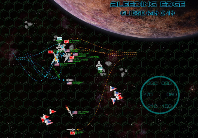 American and Japanese aerospace wings immediately set into each other, with two American and four Japanese bombers shot down by each others’ scouts as they angle for torpedo runs on warship targets.  Again, the Americans largely outguess the Japanese approach, setting up USS Liberty so her vulnerable engines and reactors are at least partially screened by debris fields.  The Japanese are also coming on just a shade too fast, and can’t turn fast enough to make quite the maneuvers they want.  The light cruiser Takakawa makes a port turn to present a broadside against the American approach, but the Valley Forge and John Young avoid this and cross Takakawa’s stern point-blank.  The huge Naginata crosses both their sterns, only to be crossed in turn by Northampton.  The carriers try to hide out of the way while also avoiding debris fields and keeping Bleeding Edge’s gravity field in mind.  It’s an absolute nightmare of high-speed, hairpin turns in a deadly obstacle course, the moon’s gravity bending everyone’s course, huge point-blank broadsides threatening from around every corner.  Nevertheless, the Americans have largely won the maneuver match here.  But the sheer size, accuracy, and hitting power of the Japanese batteries (especially Naginata and Takakawa), especially at these ranges, may render this a moot point.