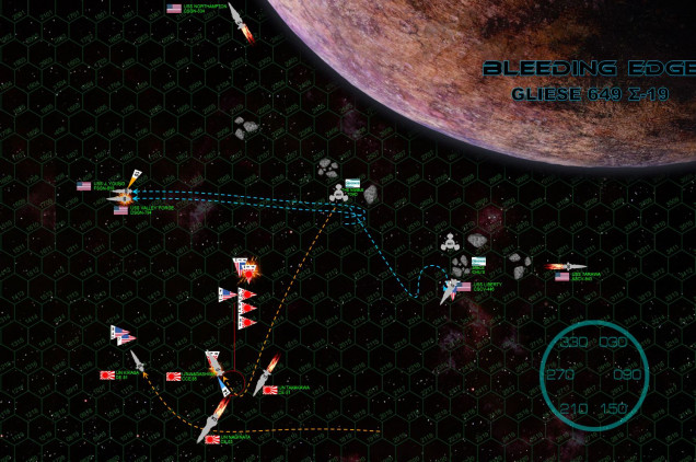 Wrecked ships careen out of the battle area, helplessly plunging at their last speed and trajectories, subject to the pull and slingshot of Bleeding Edge’s gravity.  What few ships are left try to shake off the shock, recover and win the battle.  The destroyer USS Valley Forge and frigate USS John Young come hard about and cross the bow of the badly-damaged destroyer IJN Kikasa, her fo’c’sle largely gutted in the opening American broadside.  Remember that Kikasa has been forced to break off the engagement, she has to leave but still has power and long-ranged weapons, and so still poses a threat.  Kikasa’s forward 60 eHz syglex emitter is blown out of the hull, and crew casualties continue to mount, but Kikasa’s forward guns slam into the Valley Forge in turn.  Meanwhile, two Ki-45 torpedoes from IJN Nagashima slam into the damaged starboard quarter of the Valley Forge (from the opposite direction).  The internal blast cavitates through the starboard engineering compartments, and the Valley Forge is left burning, adrift, and without power. American torpedoes and fighters swarm against the carrier Nagashima, but eighteen A9M “Kataka” (Fire Hawk) fighters of the Stormdragon aerospace group return to defend her.  Two Mark 48s hit Nagashima’s heavily-shielded stern, combined with a strafing run by fourteen FS/A-44 “Star Corsair” fighters the Dead Rabbits while Marine “Tigershark” Corsairs turn to fight off the Japanese fighters defending the carrier.  Five Fire Hawks and seven Corsairs go down in a furious dogfight (remember all three of these squadrons are double-elite), but the Nagashima does not falter, and neither does the Kikasa (despite a frantic attack by American scouts planes against her unshielded bow).  Despite the dreadful damage they’ve taken in the opening minutes of the engagement, the remaining Japanese warships are not giving up Bleeding Edge without a fight. 