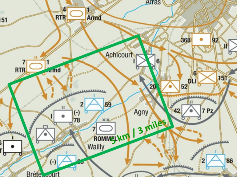 Here's a zoom-in of our research area (there were several maps used, but this was the most detailed in regards to military units deployed).  Notet he British breakthrough on the their left (4th RTR), while they were slammed to a halt on the right (7th RTR).  The objectives in today's game illustrate the same dynamic, the British don't have to WIN THE BATTLE to win the game (given the scenario's realism, 