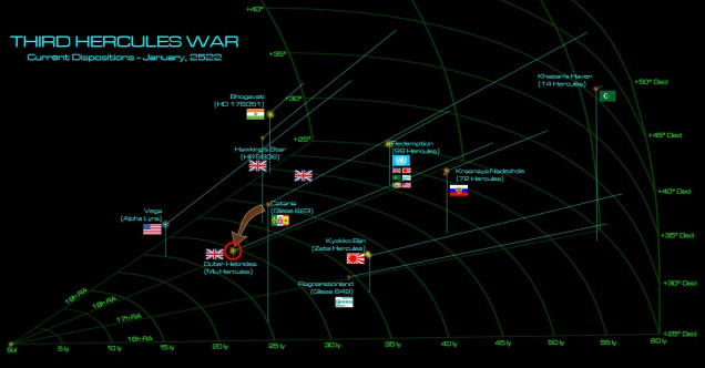 The general situation of the Third Hercules War in the opening months of 2522.  Having recently joined the war after a long period of neutrality, the New Roman Alliance has launched this raid out of their Catania colonies in Gliese 623, aimed at British holdings at Mu Hercules.  Ironically it’s an American task force that will meet this strike, defending British holdings per military assistance clauses in the recent Treaty of Zubrin.