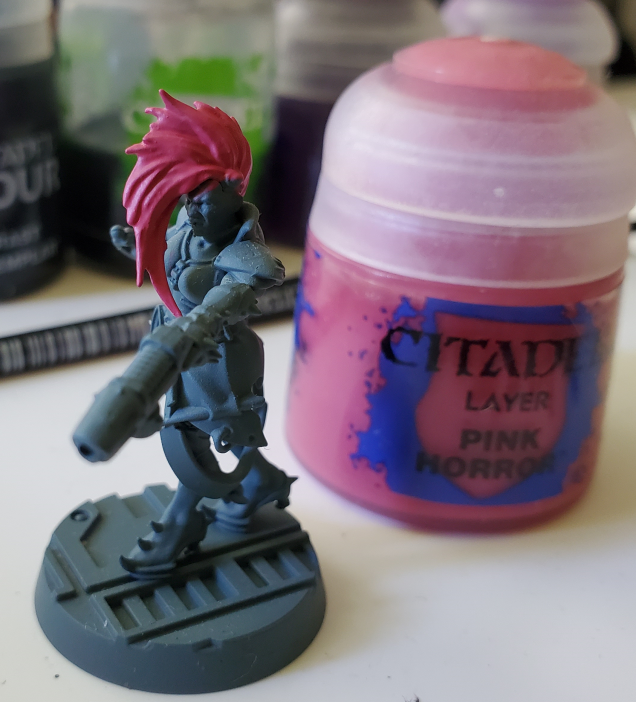 One solid, garish, coat of Pink Horror. I even got the paint pot in the picture. Cool, right?