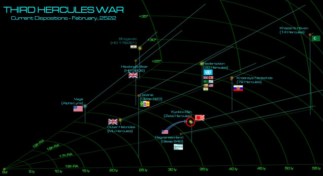 The general situation of the Third Hercules War in March, 2522.  The Americans, perhaps eager to assure their former “Coalition of Eagles” allies that they are in fact not lap dogs of the British (despite the recent US Navy battle fought in service of the British at Mu Hercules, part of the mutual military assistance clauses in the Treaty of Zubrin), are eager to strike against the Renkei Alliance (so long as they don’t hit the British, again . . . per the Treaty of Zubrin).  Accordingly, the Americans have staged this small task force with their allies in the Corporate Consortium holdings of Ragnarssonland (Gliese 629, formerly of Imperial Prussia), poised to strike amidst the third planet of the primary star of the Zeta Hercules binary system, Katajima (Zeta Hercules A3).