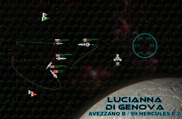 Still pulling against gravity, the Leo Magnus now makes a hard jackknife turn to starboard (turning “left,” remember she is inverted), determined to keep her engines and reactors clear of enemy guns for as long as possible.  HMS Retribution dives down to rejoin the fray, combining with Agamemnon and Kama to all fire into Leo Magnus’ starboard bow.  This is actually the first time all Allied ships have been lined up against the same facing of the dreadnaught, and even now they can’t fire full broadsides because of their own positioning.  But aft batteries of the Agamemnon and Retribution open up on the Rusalka, inflicting enough damage to force her captain to break off the action.  Forward batteries combine with the Kama to hit the Leo Magnus, hammering into sensors and mass drivers, trying to knock out some of her huge turrets or even better, her bridge.  But the sheer size of the battleship is just too much to shoot through right away, even if both her broadsides are now masses of glowing, twisted metal and jets of burning escaping atmosphere.  