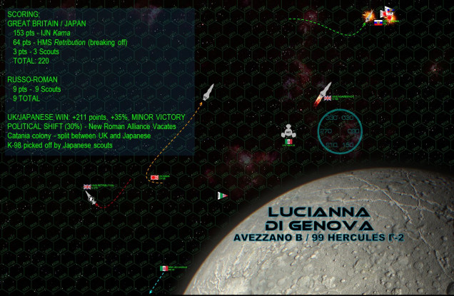 Finally, it comes to a close.  The incessant attacks by Japanese scouts finally manage to CRIPPLE the Rusalka - they’ve been hounding the open wound on her unshielded port quarter for a while now, with -3 sensor boxes hit I haven’t been able to shoot them down and they finally landed the lucky hit.  Rusalka is no longer breaking off, she is CRIPPLED, and thus worth no points.  I earnestly try to keep Leo Magnus on the table.  All I have to do is make a port turn (again, inverted) in hex 0731, come to heading 270, and skirt along the bottom of the board.  This gives me one more turn to broadside the Retribution and probably cripple her, AND force Kama to come down and engage Leo in a desperate hope to knock her out for good.  Yes this is the last turn of the game, if Leo Magnus can LEGALLY make this turn, she’s on the board at the end of Turn 8 and Damon and Rasmus HAVE to kill her or lose the game.  I have two thrust points (damaged maneuvering thrusters) and a velocity of 7 (not allowed to hit the brakes).  I am currently 8 hexes from the Retribution (Hex 0923, at the “beginning” of her red movement track).  I make the turn, and wind up 9 hexes from the Retribution (Hex 0531).  That’s it!  I win!  Except gravity takes its effect, pulling me one hex closer to the Lucianna de Genoa moon (Hex 0631).  This would leave me at 8 hexes from Retribution, the same distance I started, which means ... that is NOT a legal move.  Therefore, with no LEGAL way to meet the “breaking off” requirements, by strict interpretation of the Darkstar Rules 4.9.4.C and 5.2.1.A (and of course not turning to heading 150 and crashing into the moon) I have to leave the table.  This means the Leo Magnus counts for NO points (she’s hugely expensive) and thus the game shakes out as a thick British-Japanese victory.  But MAN, guys ... this one was CLOSER than the score suggests.  But for the GRAVITY effects on ONE HEX, if Leo Magnus had just ONE MORE HEX to work with, she stays on the table for half points (209) and I get a score of 218 to Damon-Rasmus’ 220.  That’s a margin of 3/10 of 1%, and per Darkstar Rule 5.2.1.C.i (p 98), a score has to margin out at least +/-5% or it’s a draw.  So this game came down to the gravity effects of ONE HEX.