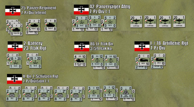 German forces.  Not all these units will be available to them at first, Stukas only arrived after Rommel called for them and most of 25. Panzer Battalion's flanking counter-counterattack from the west was blunted / delayed by French armor on the British right wing.  These are the forces that were there so far as I can find, including two sections of Luftwaffe 8.8 cm FlaK 36 heavy antiaircraft guns.  This was the first time these were used against tanks in WW2 (sources suggest the tactic had been used once before in the Spanish Civil War).