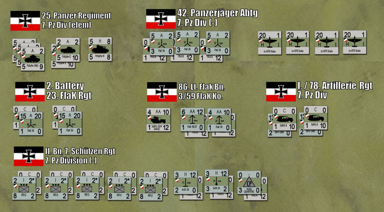 German forces.  Not all these units will be available to them at first, Stukas only arrived after Rommel called for them and most of 25. Panzer Battalion's flanking counter-counterattack from the west was blunted / delayed by French armor on the British right wing.  These are the forces that were there so far as I can find, including two sections of Luftwaffe 8.8 cm FlaK 36 heavy antiaircraft guns.  This was the first time these were used against tanks in WW2 (sources suggest the tactic had been used once before in the Spanish Civil War).