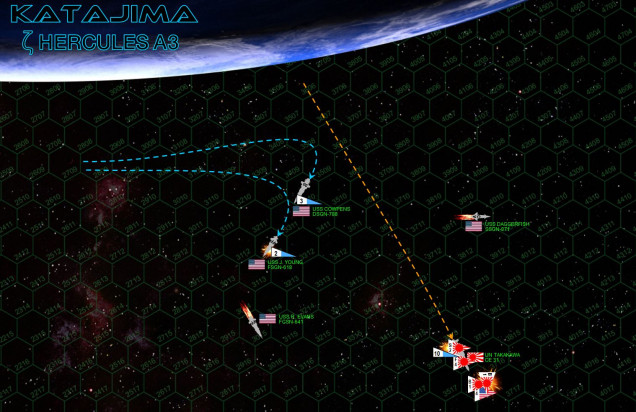 The Takakawa has been badly damaged along her starboard quarter, and now raises maximum steam to leave the battle area.  If she can break off the immediate engagement yet remain operational in the Katajima area, the Americans (who have already lost two ships and will be spending the next hours or even days in rescue and recovery operations).  The Americans fail crucial initiative checks, and the Takakawa’s move catches them largely flat-footed.  There is a despairing attempt to hit the Takakawa with a second reduced spread of torpedoes, but Captain Ryoko has wisely recalled his fighters to help shoot down the incoming American warheads.  Only one additional warhead gets through, along with a single EPC hit from the John Young.  It hits Takakawa’s starboard reactors, but it won’t be enough to leave her crippled.   