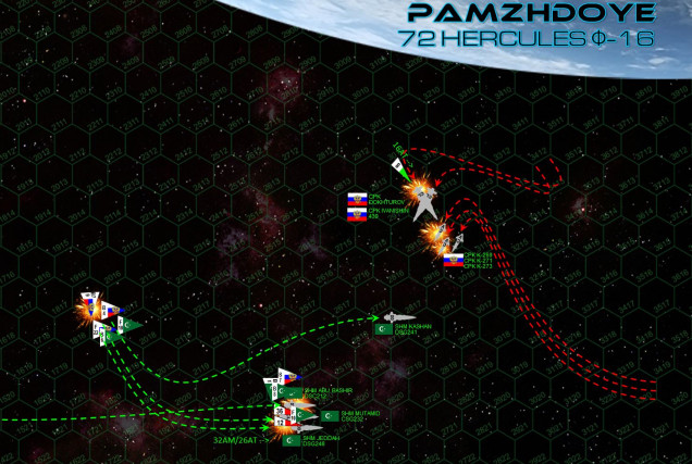 At last, the hammer falls.  Just as the massive Russian missile and torpedo strike comes in, the League fleets splits up somewhat, the destroyer Kashan accelerating to port to engage the Russian attack wing of K-56 corvettes.  This broadside does pretty well, immediately blowing the bow completely off the K-269, leaving her dead in space.  The K-271 also loses all weapons, shields, magazines . . . it’s only blind luck that she’s not crippled as well and maintains power to accelerate out of the battlespace.  Captain al-Maghrebi recognizes the threat posed by those Russian torpedoes and recalls his fighters to defend his ships from Russian warheads – and while this dilutes the League’s own aerospace strike, it probably saves his fleet from instantaneous destruction.  As it is, his flagship Mutamid and light carrier Abu Bashir are hit astern by a hail of surviving torpedoes from Tu-97 “Zvesburya” (Star Storm) bombers, P-500s from the warships, and aerospace missiles.  The Mutamid is crippled and set adrift, as is the Abu Bashir.  It’s a devastating strike, but one the Russians have patiently set up for three complete turns (half the game).  Betting in its success, the Russians have now finally decided to close the range, with the Ivanishin presenting a full spread of torpedoes and the Dokhturov a 1200-kilometer broadside on the destroyer Jeddah.  In addition to the ravaging of the Russian corvette flotilla, the other bright spot for the League is the gutting of Ivanishin’s bomber force, nine of thirteen are blown out of the stars by vengeful “Mylekinir” (Fire Angel) fighters.