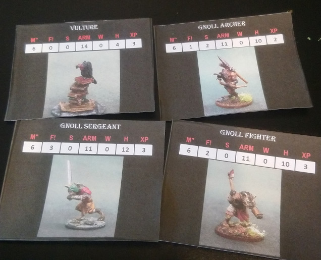 Used some homebrew stat cards using my mini pictures for the enemy pieces. Kept me out of the book a little longer.