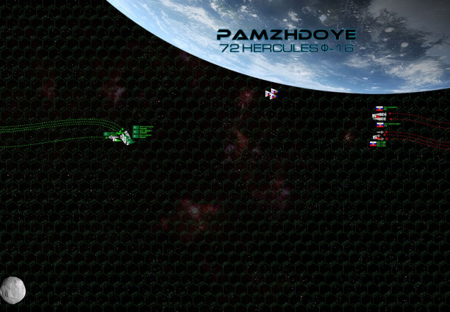 The two fleets close rapidly along the daylight side of Pamzhdoye (72 Hercules Phi-16), one of the outer terrestrial planets of the smallest of the three 72 Hercules red dwarf stars.  But while the Mutamid battlegroup maintains its high approach speed, the Russians are immediately kicking in powerful retros to decelerate.  This is somewhat unusual for Russian naval formations, who tend to close as quickly as possible to make best use of heavy plasma and rail cannon gunnery.  But if the Russians are going to win this fight, it will be with torpedoes and heavy aerospace strikes.  Also, the overloaded strike carrier CPK Ivanishin is going to need three complete turns to launch her entire aerospace group, and remember how slow these Russian P-500 torpedoes are.  So the Russians are content to take their time on a slow approach.  The League, meanwhile, comes on much faster.  Yet with a turn to starboard, they present a long-range broadside to the Russians ... yet also yield the “gravity gauge” to the Russians as well.  Now the Russians can maneuver between the league and the planet, forcing the league to turn INTO planet gravity to engage the Russians in future turns.  Secondly, the League doesn’t engage the corvettes at this early stage.  Sure, their guns can’t do much damage at this distance, but it doesn’t take much to knock out a K-56 and even a single kill means 12 less torpedoes coming at you each turn.